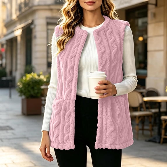 Fleeze Vest for Women Sleeveless Open Front Sherpa Jacket with Pockets Fuzzy Warm Cozy Coat Fall Winter Layer Casual Daily Outerwear