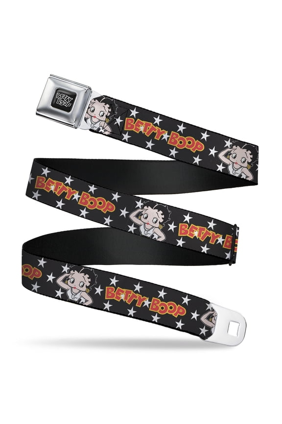 Fleischer Studios, Inc. Belt, Seatbelt Buckle Belt, Betty Boop Salute Pose and Text Stars Black White Yellow Red, 30 to 44 Inches