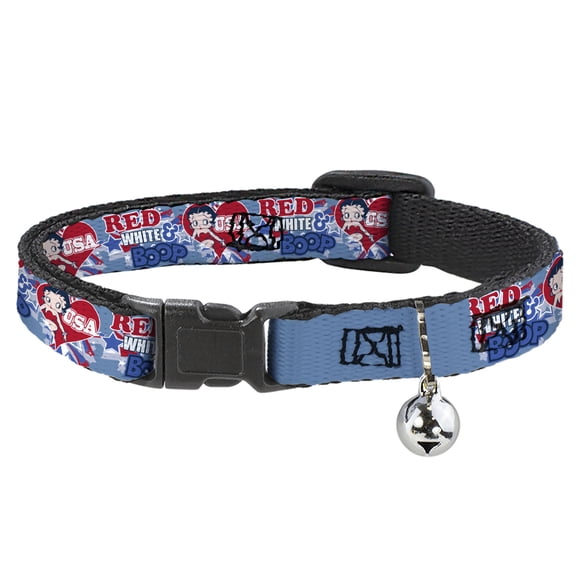 Fleischer Studios, Inc. Cat Collar, Breakaway Collar with Bell, Betty Boop Red White and Boop Heart Pose Blues Reds, 8.5 to 12 Inches 0.5 Inch Wide