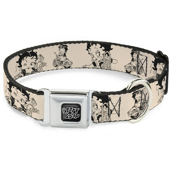 Fleischer Studios, Inc. Pet Collar, Dog Collar Metal Seatbelt Buckle, Betty Boop Biker Betty Poses Beige Black, 15 to 24 Inches 1.0 Inch Wide