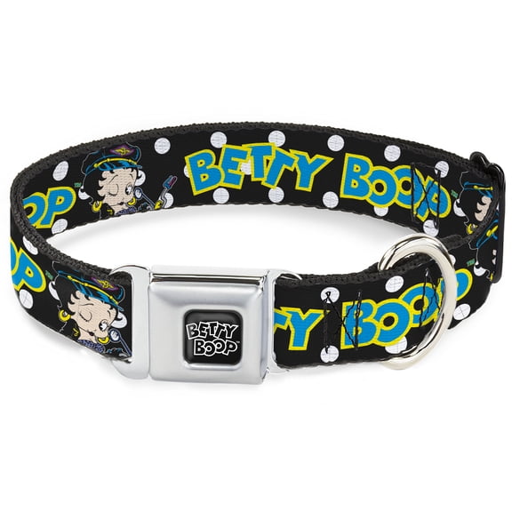 Fleischer Studios, Inc. Pet Collar, Dog Collar Metal Seatbelt Buckle, Betty Boop Biker Betty Winking Text Dot Black White Blue, 9.5 to 13 Inches 1.0 Inch Wide