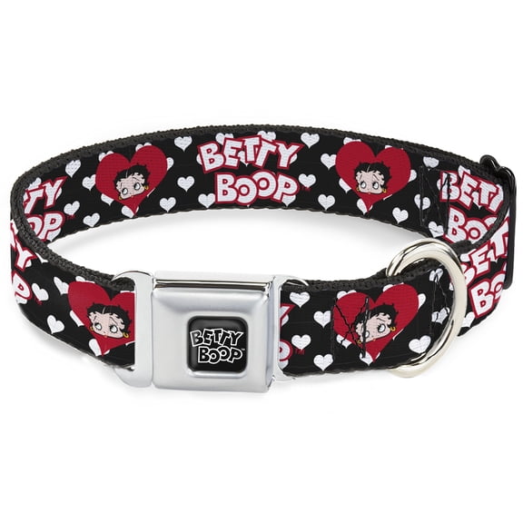 Fleischer Studios, Inc. Pet Collar, Dog Collar Metal Seatbelt Buckle, Betty Boop Face and Text Hearts Black White Red, 11 to 16.5 Inches 1.0 Inch Wide