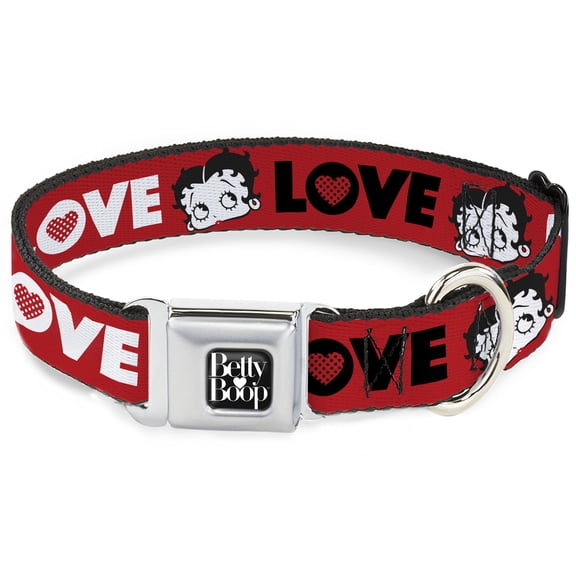 Fleischer Studios, Inc. Pet Collar, Dog Collar Metal Seatbelt Buckle, Betty Boop Face and Love Text Red Black White, 11 to 16.5 Inches 1.0 Inch Wide