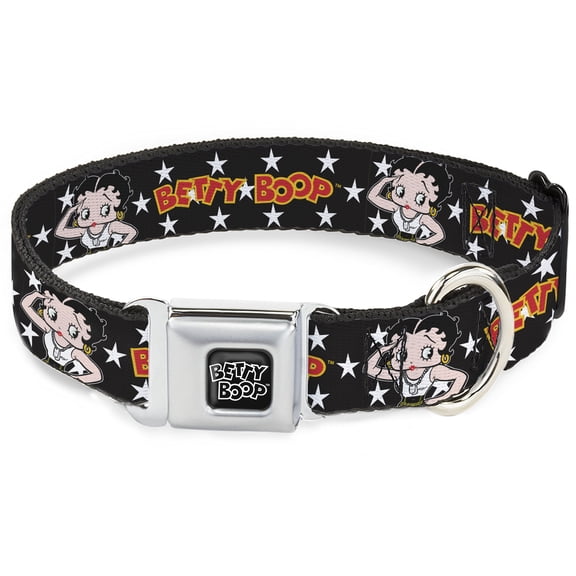 Fleischer Studios, Inc. Pet Collar, Dog Collar Metal Seatbelt Buckle, Betty Boop Salute Pose and Text Stars Black White Yellow Red, 11 to 16.5 Inches 1.0 Inch Wide