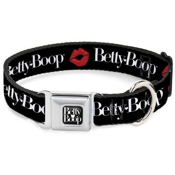 Fleischer Studios, Inc. Pet Collar, Dog Collar Metal Seatbelt Buckle, Betty Boop Text and Kiss Black White Red, 15 to 24 Inches 1.0 Inch Wide