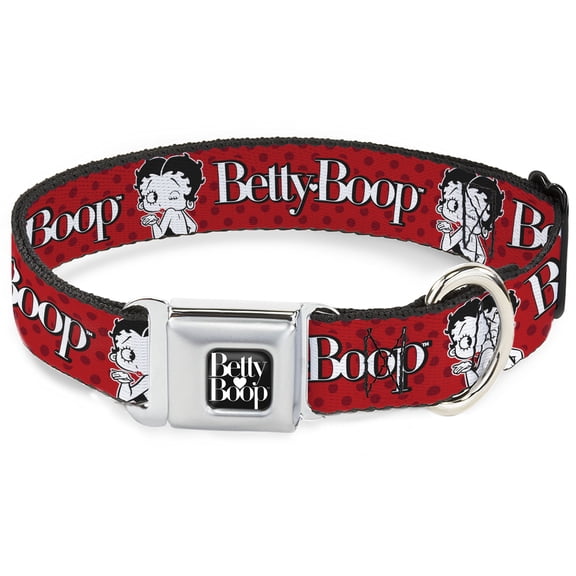 Fleischer Studios, Inc. Pet Collar, Dog Collar Metal Seatbelt Buckle, Betty Boop Winking Kiss Pose and Text Reds Black White, 11 to 16.5 Inches 1.0 Inch Wide