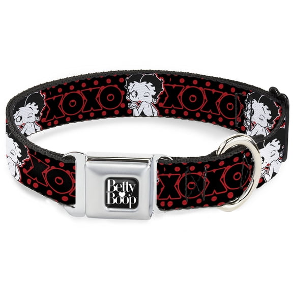 Fleischer Studios, Inc. Pet Collar, Dog Collar Metal Seatbelt Buckle, Betty Boop Winking Kiss Pose XOXO Text Polka Dot Black Red, 16 to 23 Inches 1.5 Inch Wide