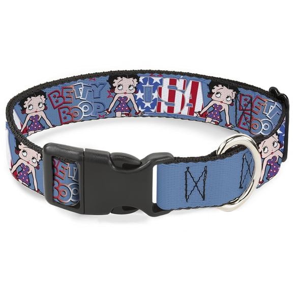 Fleischer Studios, Inc. Pet Collar, Dog Collar Plastic Buckle, Betty Boop Americana USA Pose Blues Reds White, 15 to 24 Inches 1.0 Inch Wide