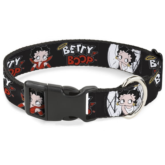 Fleischer Studios, Inc. Pet Collar, Dog Collar Plastic Buckle, Betty Boop Angel and Devil Poses With Text Black White Red, 15 to 24 Inches 1.0 Inch Wide