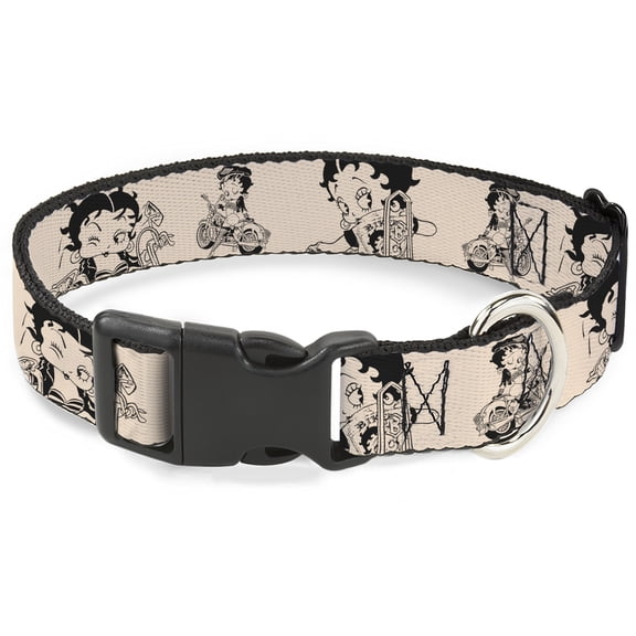 Fleischer Studios, Inc. Pet Collar, Dog Collar Plastic Buckle, Betty Boop Biker Betty Poses Beige Black, 15 to 24 Inches 1.0 Inch Wide