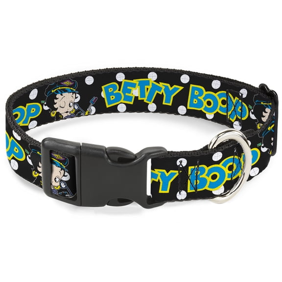 Fleischer Studios, Inc. Pet Collar, Dog Collar Plastic Buckle, Betty Boop Biker Betty Winking Text Dot Black White Blue, 7 to 8.5 Inches 0.5 Inch Wide