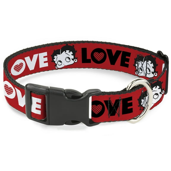 Fleischer Studios, Inc. Pet Collar, Dog Collar Plastic Buckle, Betty Boop Face and Love Text Red Black White, 9.5 to 14.5 Inches 0.5 Inch Wide