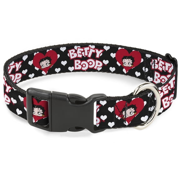 Fleischer Studios, Inc. Pet Collar, Dog Collar Plastic Buckle, Betty Boop Face and Text Hearts Black White Red, 8.5 to 12 Inches 0.5 Inch Wide
