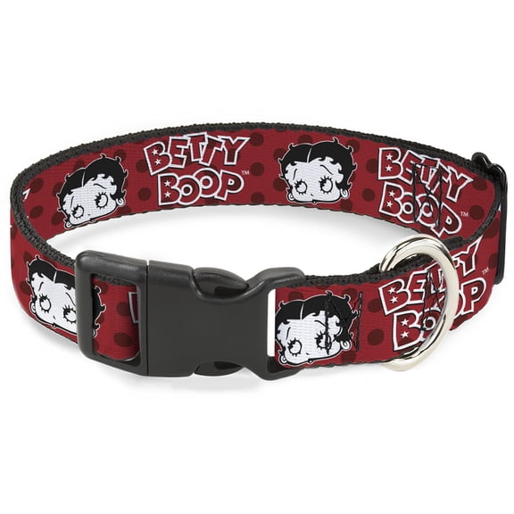 Fleischer Studios, Inc. Pet Collar, Dog Collar Plastic Buckle, Betty Boop Face and Text Polka Dot Reds Black White, 8.5 to 12 Inches 0.5 Inch Wide