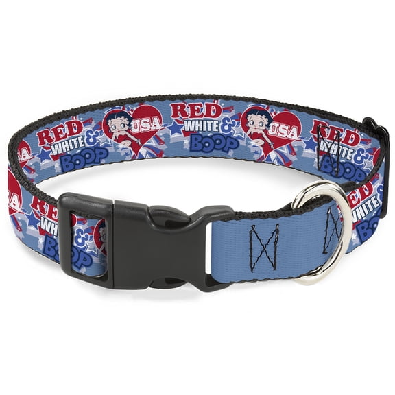 Fleischer Studios, Inc. Pet Collar, Dog Collar Plastic Buckle, Betty Boop Red White and Boop Heart Pose Blues Reds, 9.5 to 14.5 Inches 0.5 Inch Wide