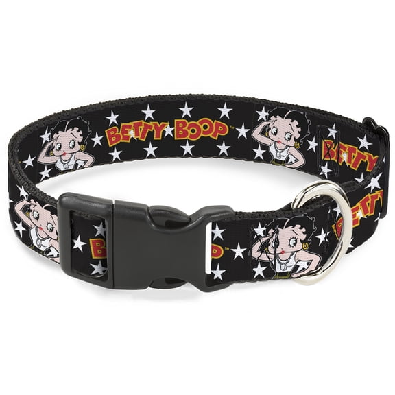 Fleischer Studios, Inc. Pet Collar, Dog Collar Plastic Buckle, Betty Boop Salute Pose and Text Stars Black White Yellow Red, 11 to 16.5 Inches 1.0 Inch Wide