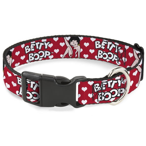 Fleischer Studios, Inc. Pet Collar, Dog Collar Plastic Buckle, Betty Boop Seated Leg Kick Pose Text Hearts Red White Black, 16 to 23 Inches 1.5 Inch Wide