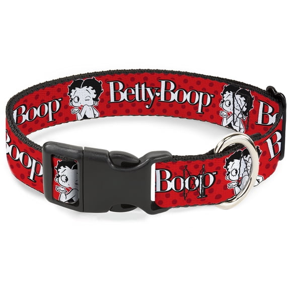 Fleischer Studios, Inc. Pet Collar, Dog Collar Plastic Buckle, Betty Boop Winking Kiss Pose and Text Reds Black White, 9.5 to 14.5 Inches 0.5 Inch Wide