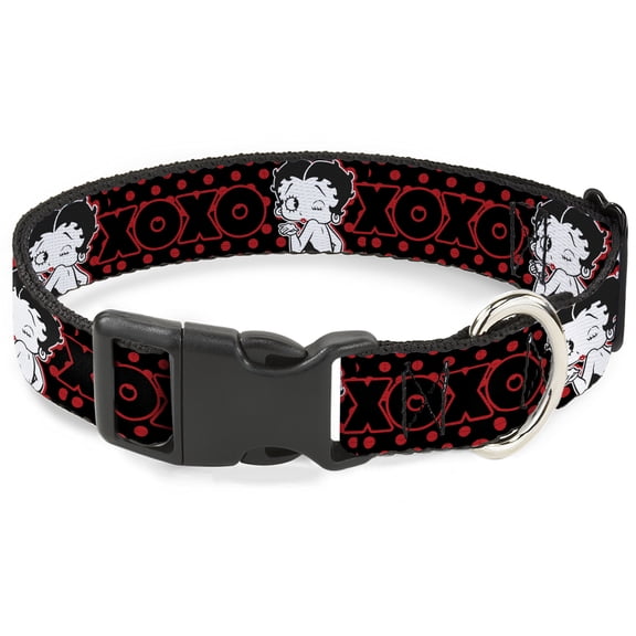 Fleischer Studios, Inc. Pet Collar, Dog Collar Plastic Buckle, Betty Boop Winking Kiss Pose XOXO Text Polka Dot Black Red, 9.5 to 13 Inches 1.0 Inch Wide