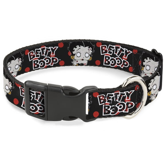 Fleischer Studios, Inc. Pet Collar, Dog Collar Plastic Buckle, Betty Boop Zombie Betty and Text Polka Dot Black Red White, 15 to 24 Inches 1.0 Inch Wide