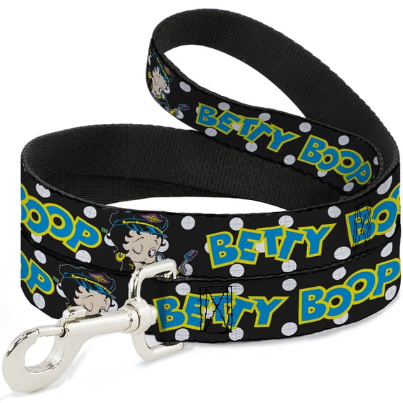 Fleischer Studios, Inc. Pet Leash, Dog Leash, Betty Boop Biker Betty Winking Text Dot Black White Blue, 6 Feet Long 1.0 Inch Wide