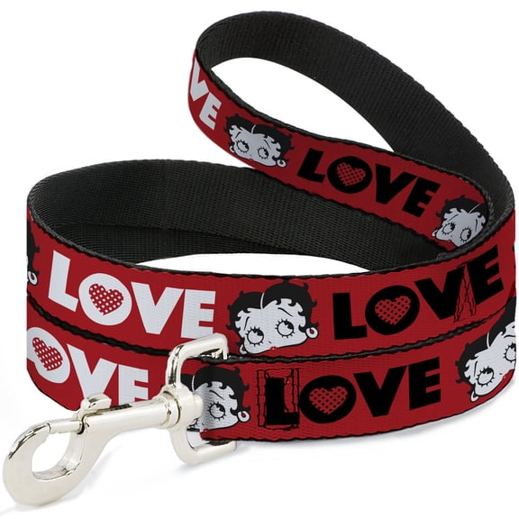 Fleischer Studios, Inc. Pet Leash, Dog Leash, Betty Boop Face and Love Text Red Black White, 6 Feet Long 1.0 Inch Wide