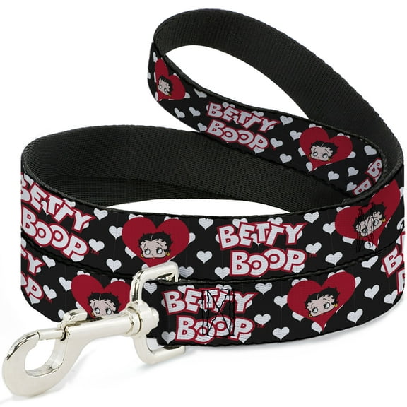 Fleischer Studios, Inc. Pet Leash, Dog Leash, Betty Boop Face and Text Hearts Black White Red, 4 Feet Long 1.0 Inch Wide