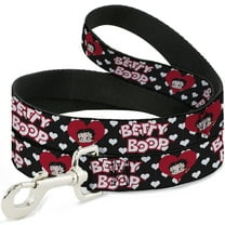 Fleischer Studios, Inc. Pet Leash, Dog Leash, Betty Boop Face and Text Hearts Black White Red, 4 Feet Long 1.0 Inch Wide
