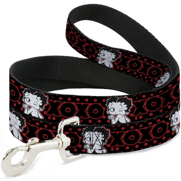 Fleischer Studios, Inc. Pet Leash, Dog Leash, Betty Boop Winking Kiss Pose XOXO Text Polka Dot Black Red, 6 Feet Long 1.0 Inch Wide