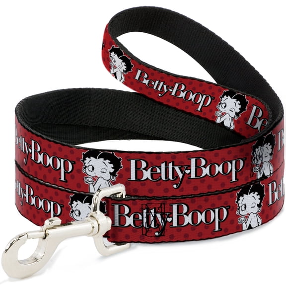 Fleischer Studios, Inc. Pet Leash, Dog Leash, Betty Boop Winking Kiss Pose and Text Reds Black White, 4 Feet Long 1.0 Inch Wide