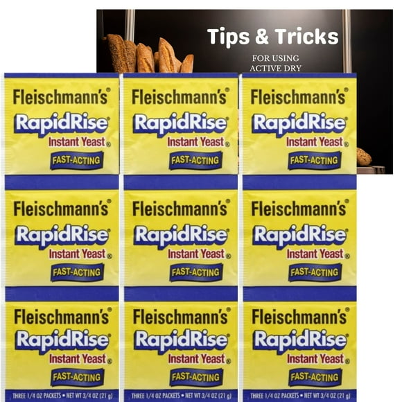 Fleischmanns Active Dry Yeast Rapid Rise Packets-Pack of 9 Individually Sealed 1/4 Ounce Packets for Baking Bundled with Yeast Usage Tips Card by Zentious