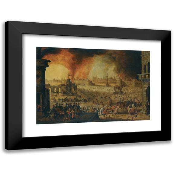 Flemish School 14x11 Black Modern Framed Museum Art Print Titled - The Burning of Troy (17th Century)