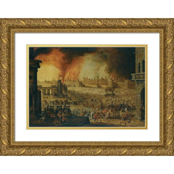 Flemish School 14x11 Gold Ornate Wood Frame and Double Matted Museum Art Print Titled - The Burning of Troy (17th Century)
