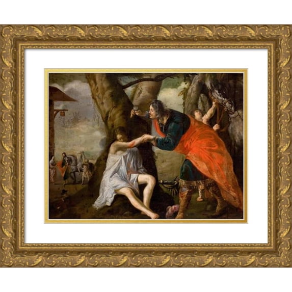 Flemish School 14x11 Gold Ornate Wood Frame and Double Matted Museum Art Print Titled - The Good Samaritan (1642)