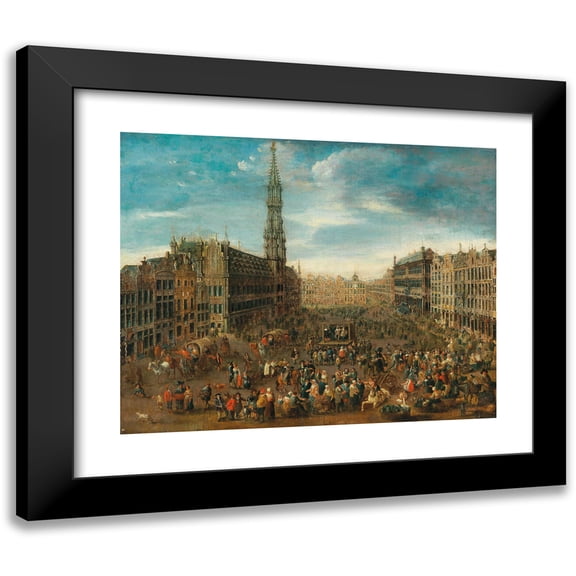 Flemish School 14x12 Black Modern Framed Museum Art Print Titled - A Market Scene on the Grand Place in Brussels (circa 1670)