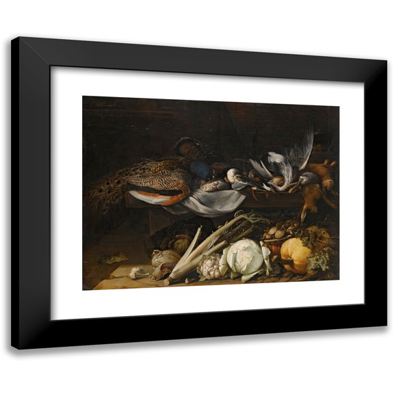 Flemish School 14x12 Black Modern Framed Museum Art Print Titled - A Still Life Of Song Birds, a Peacock And Rabbits on a Ledge with a Pumpkin, a Cabbage, a Cauliflower, Celery, Mushrooms an