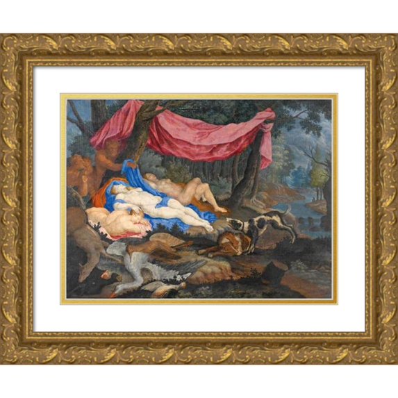 Flemish School 18x14 Gold Ornate Wood Frame and Double Matted Museum Art Print Titled - A Satyr Leering at Sleeping Nymphs (circa 1700)