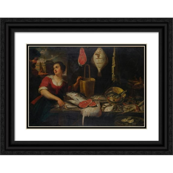 Flemish School 24x18 Black Ornate Framed Double Matted Museum Art Print Titled: Two Figures in a Kitchen Interior with a Fish Still Life (17th Century)