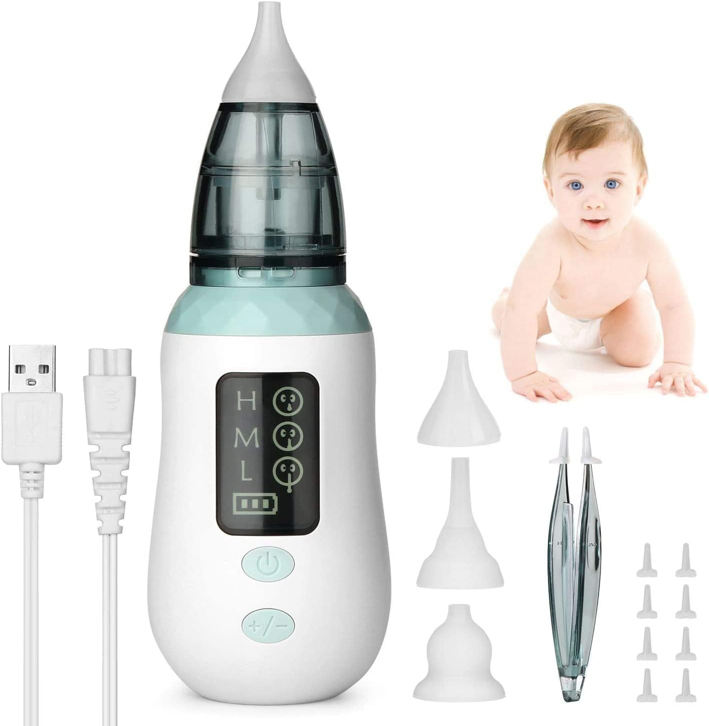 Nasal Aspirator, bubbacare USB Charging Nose Cleaner with 4 Suction Levels,  Ear Wax Remover with 4 Reusable Snot Sucker Nozzles for Infants & Toddlers  