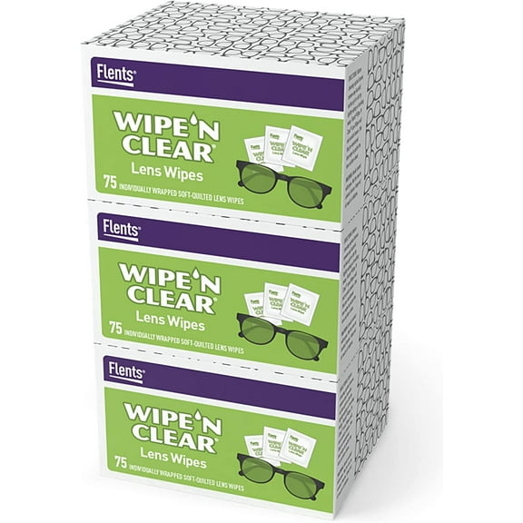 Flents Eyeglass Cleaner Lens Wipes - 225 Count (3 Boxes of 75) Individually Wrapped Pre-Moistened Cleaning Cloths Anti-Streak for Eyeglasses, Sunglasses, Phone Screens, Computer Monitors