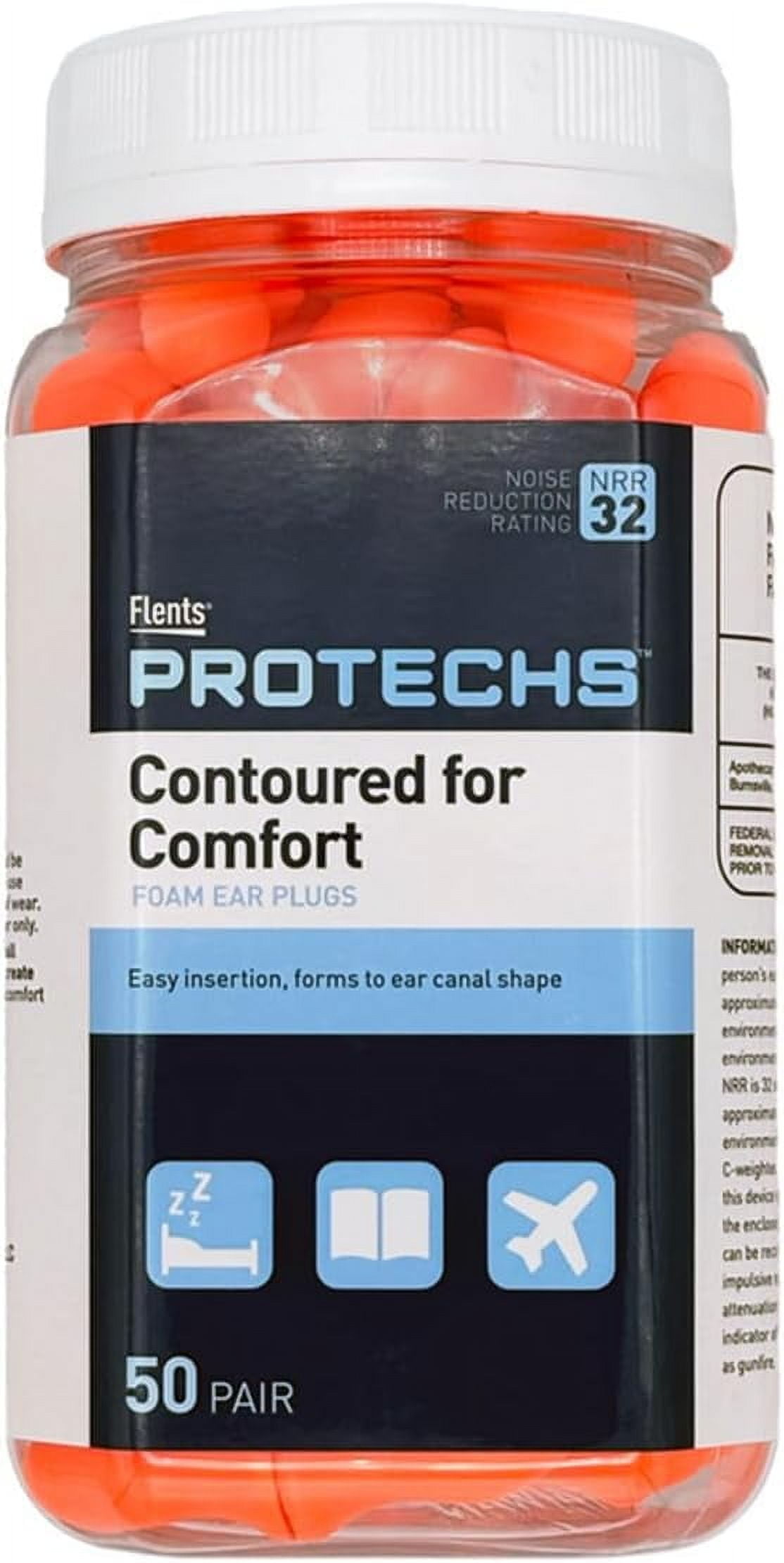 Flents Protechs Contoured Foam Ear Plugs, Ideal for Work with Loud Noise, Construction, Studying & Traveling, NRR 32, Orange (50 Pair)