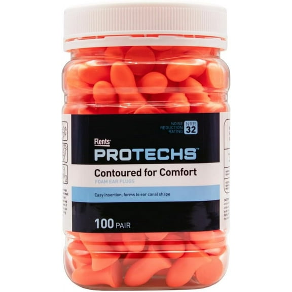 Flents Protechs Contoured Foam Earplugs for Construction, Studying, Traveling, NRR  32, 100 Pair
