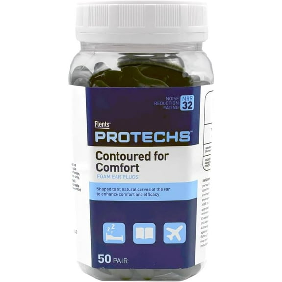 Flents Protechs Contoured for Comfort Foam Ear Plugs (NRR 32), 50 Pair, Black