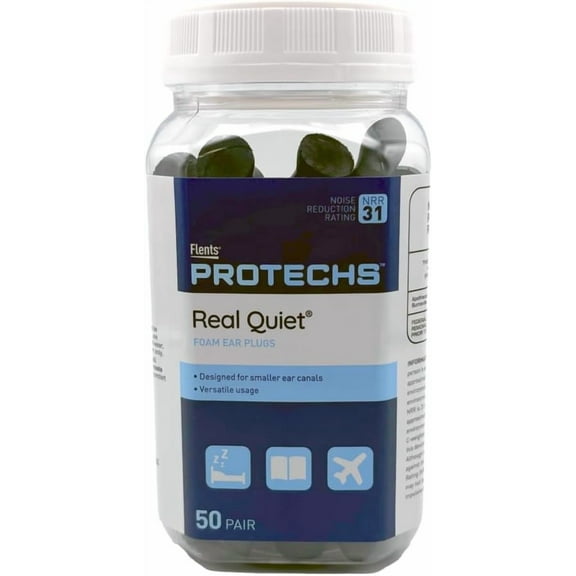 Flents Protechs Real Quiet Foam Ear Plugs for Small Ear Canals, Contoured, (NRR 31), 50 Pair, Black