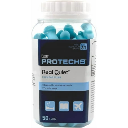 Flents Protechs Real Quiet Foam Ear Plugs for Small Ear Canals, Contoured, (NRR 31), 50 Pair, Blue