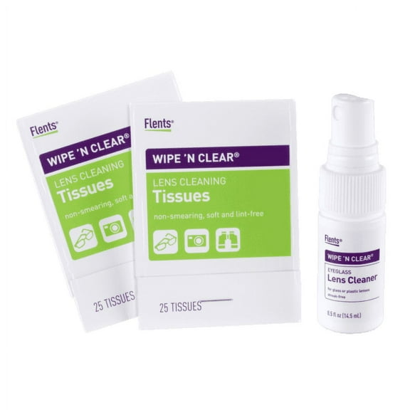Wipe 'N Clear Lens Cleaning Kit by Flents, Spray with 50 Tissues, Multi-Purpose Glass Cleaner