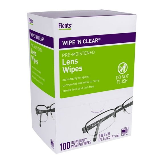 Flents Wipe 'N Clear Lens Cleaning Wipes, Anti-Streak & Fast Drying, 5"x6" (100 Count)