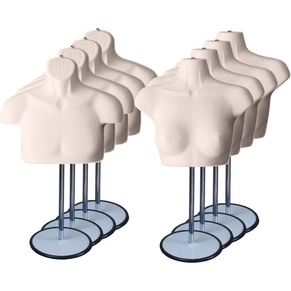 Flesh Male + Female Mannequin Chest Long Hollow Back Body Torso Set w/ Metal Stand with Metal Pole & Hanging Hook, S-M Size (10)