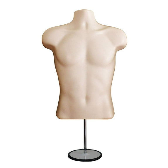 Flesh Male Mannequin Hollow Back Body Torso Set w/ Metal Stand with Metal Pole & Hanging Hook, S-M Sizes (1 Pack, Flesh)