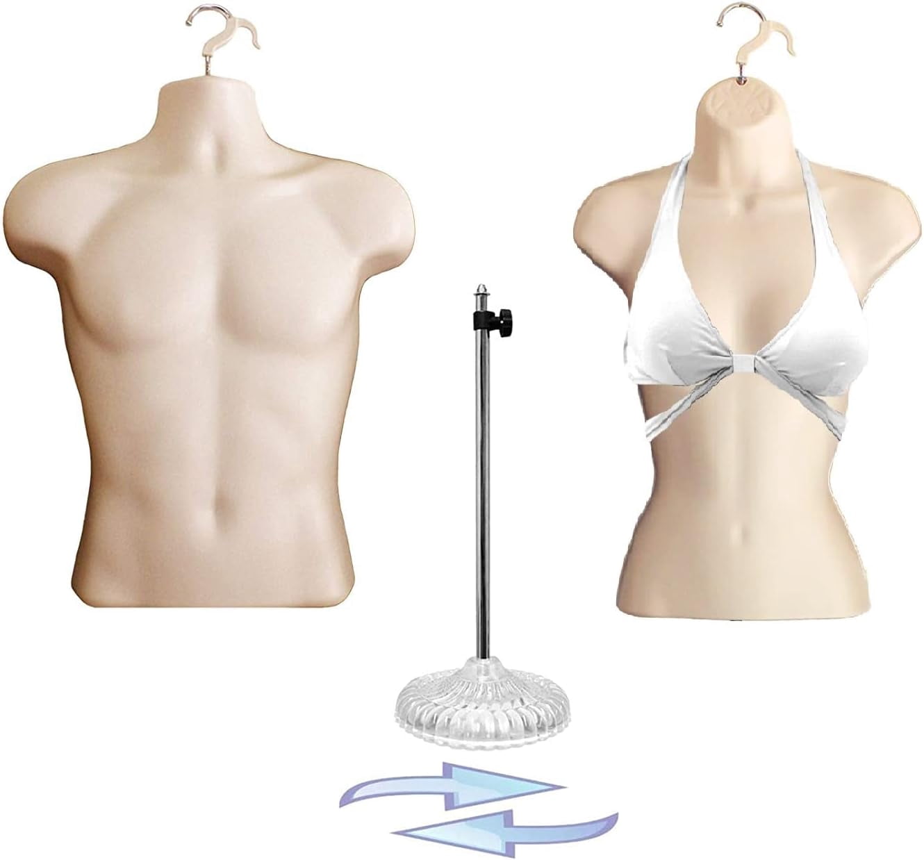 Flesh Mannequin Torsos - Set of Flesh Male + Female (Waist Long) + 2 Hangers + 1 Stand